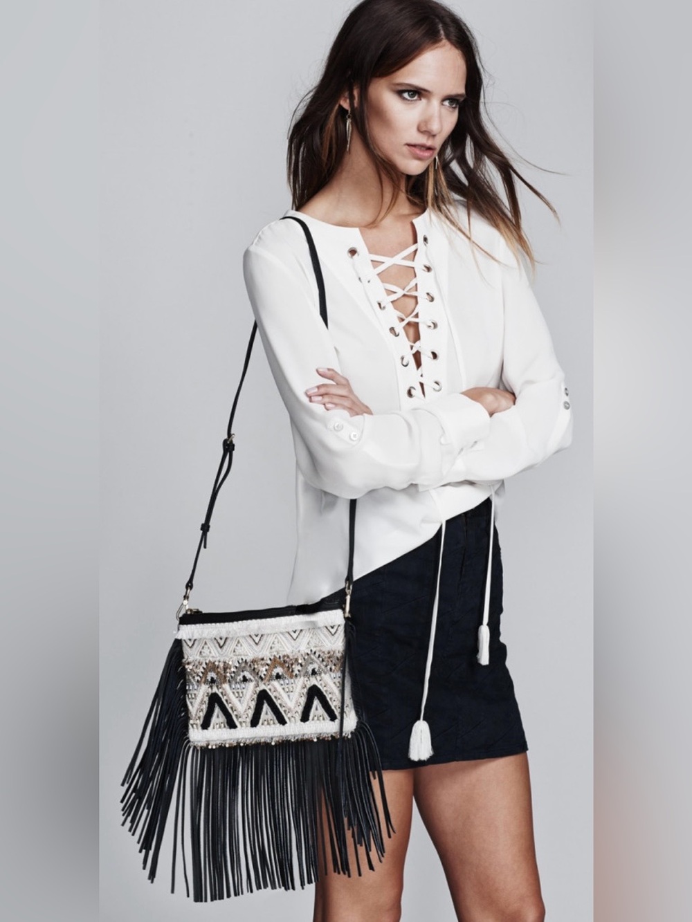 Rebecca Minkoff Boho Embellished Fringe Crossbody Bag in Black and Cream